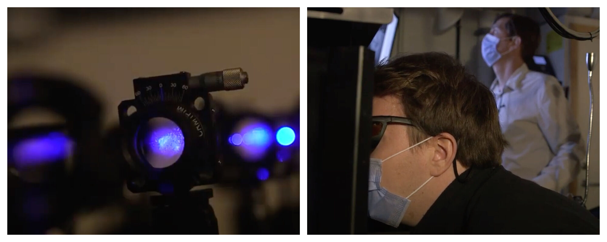 Two images. Close-up of a video camera. One man with face mask sitting in front of a machine, another man in front of a screen. 