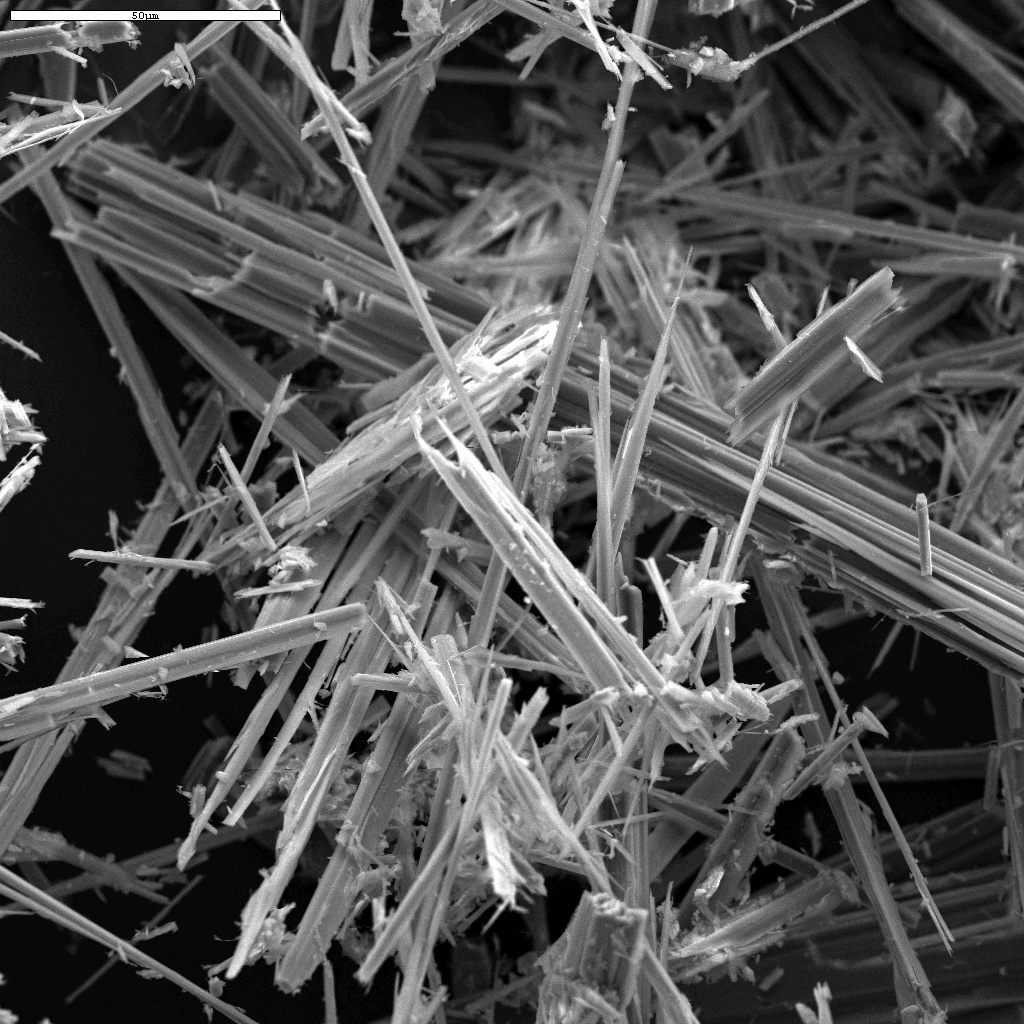 Närbild i svartvitt på asbest. Asbestmolekylen liknar en samling spikar, vilka kommer att skada lungorna.