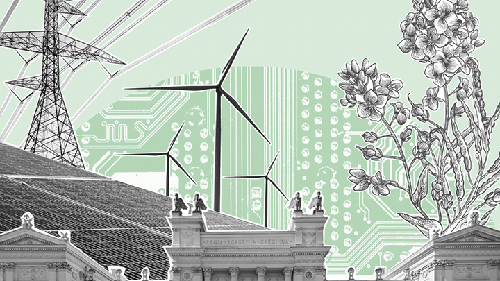 Illustration with Lund University's main building and various sustainability elements for examplewind turbines.