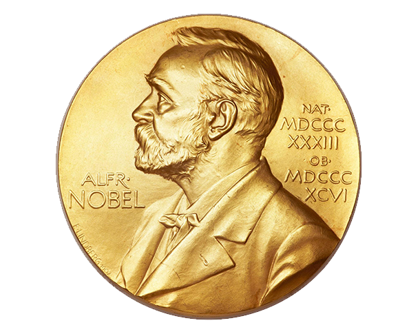 A golden medal with the profile of Alfred Nobel.