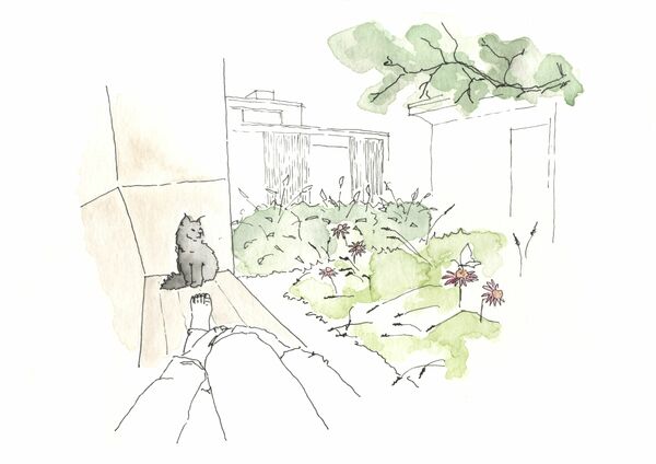 En katt och en människa som ligger på en utomhussoffa invid en vägg. 