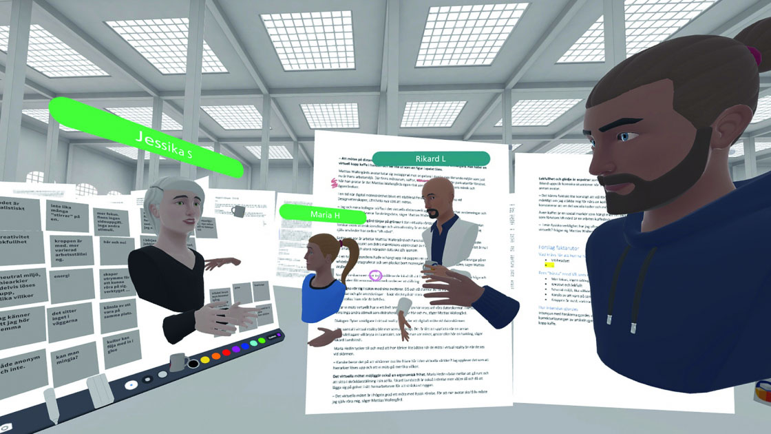 A virtual meeting with four avatars.