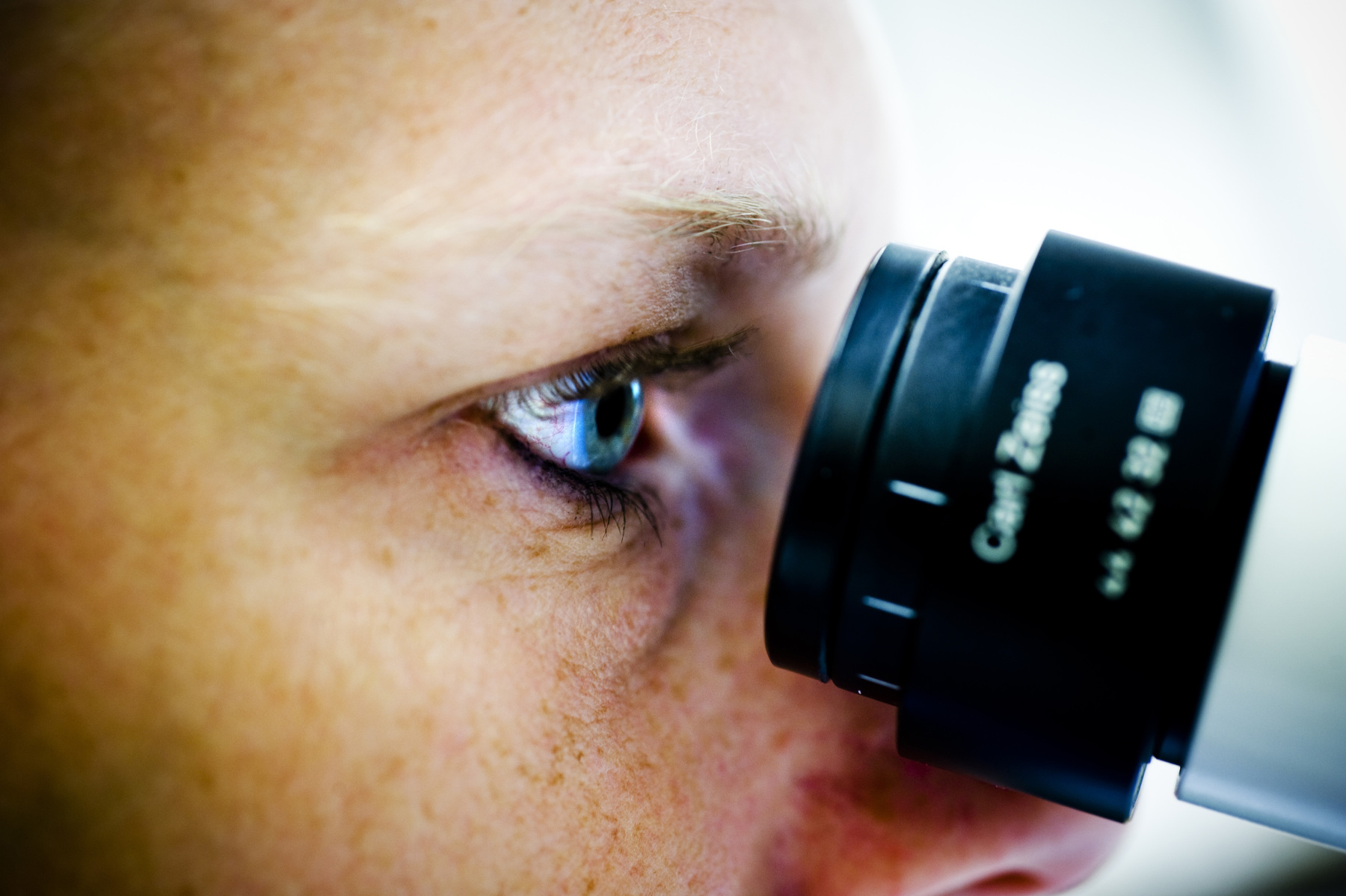 Ett blått öga ser in i ett mikroskop, närbild där även kind och ögonbryn syns. Foto.
