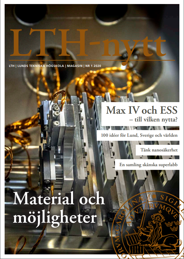 Omslag av LTH-nytt som visar detalj i guld- och silverfärg från strålröret Nanomax på Max IV. Foto.