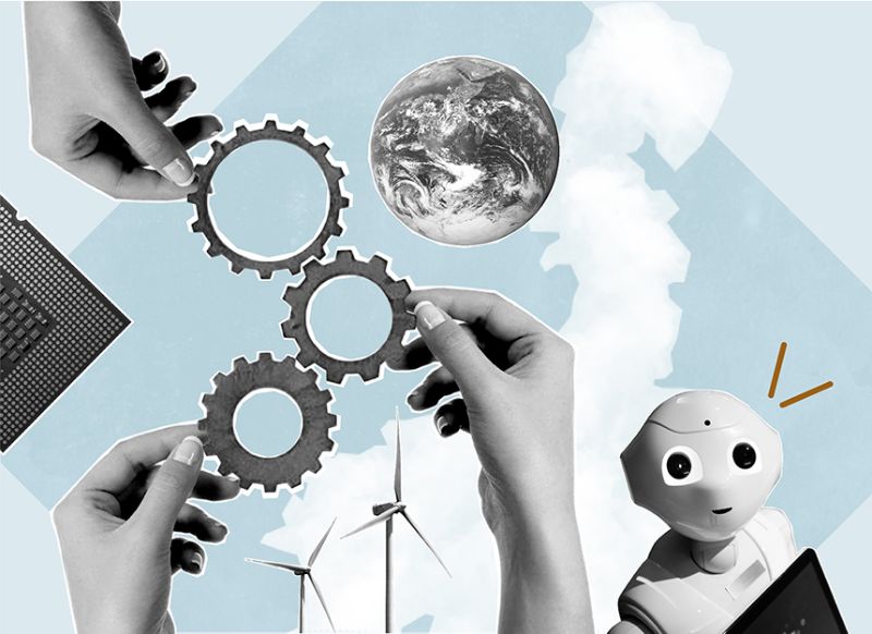 Illustration med olika element som signalerar teknik och hållbarhet.