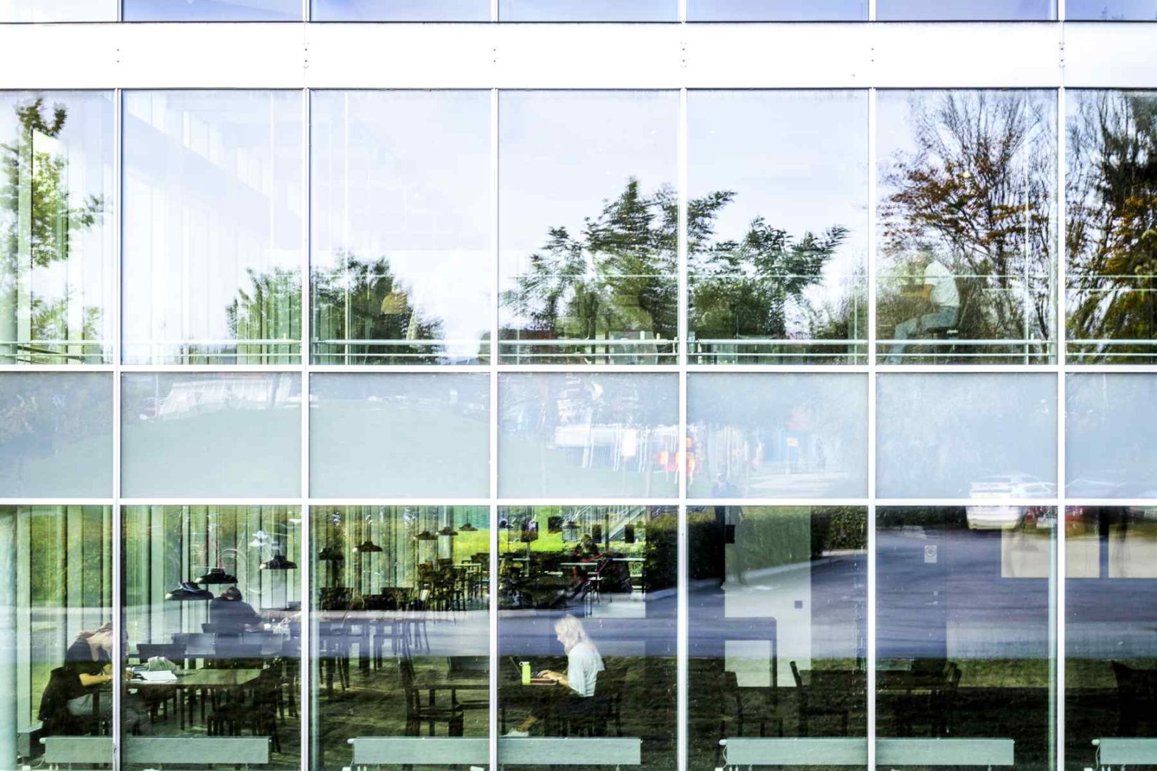 Students behind a glass wall. Photo.