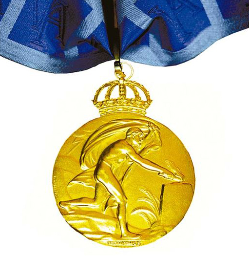 Bild av guldmedalj som hänger i ett blått snöre.