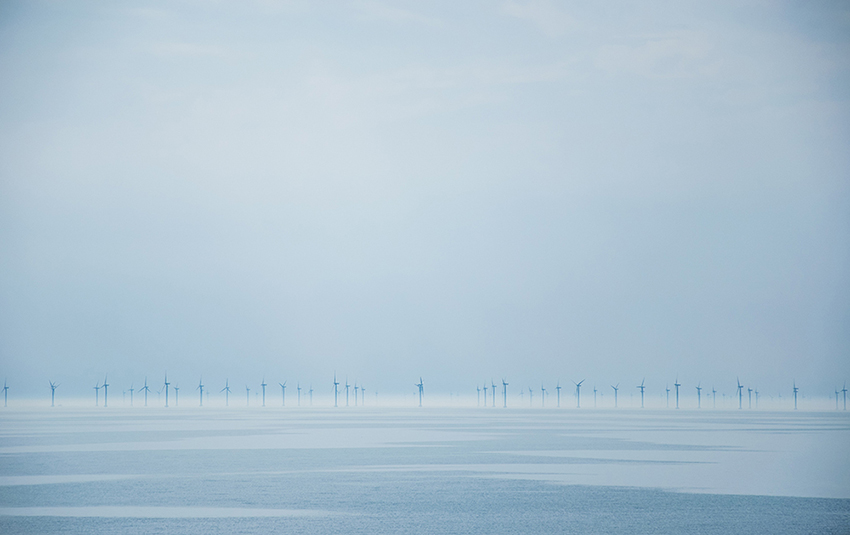 Vindkraftverk på rad ute till havs. Foto.