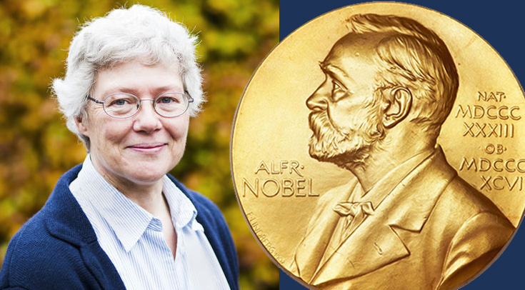 Anne L'Huiilier med en inklipp nobelprismedalj. Montage.