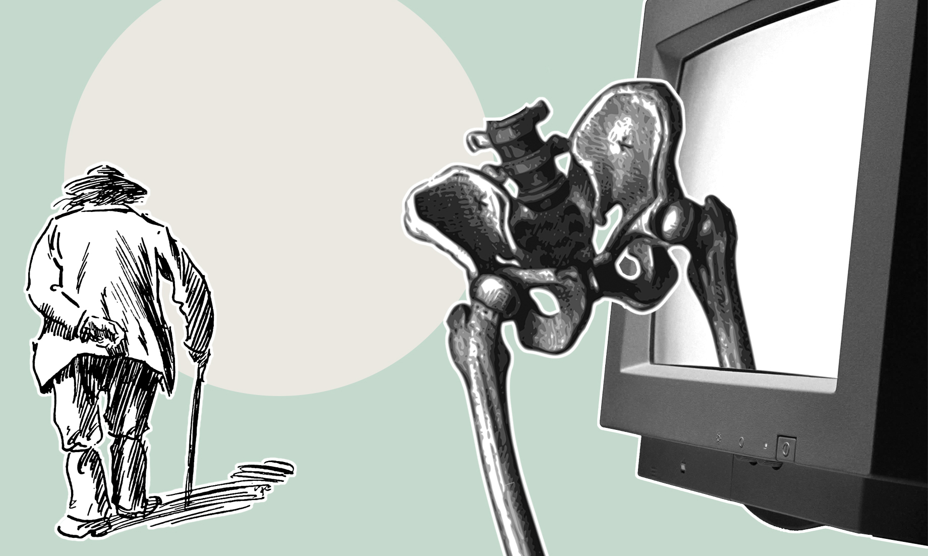 Illustration som visar siluetten av en äldre person, en skelettdel och en datorskärm.