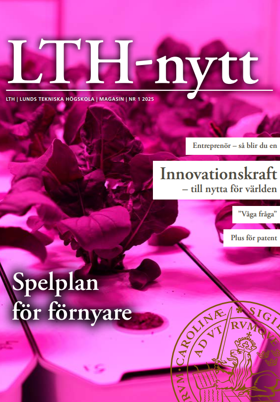 Faksimil av LTH-nytts omslag, med foto av en planta i cerise ljus.