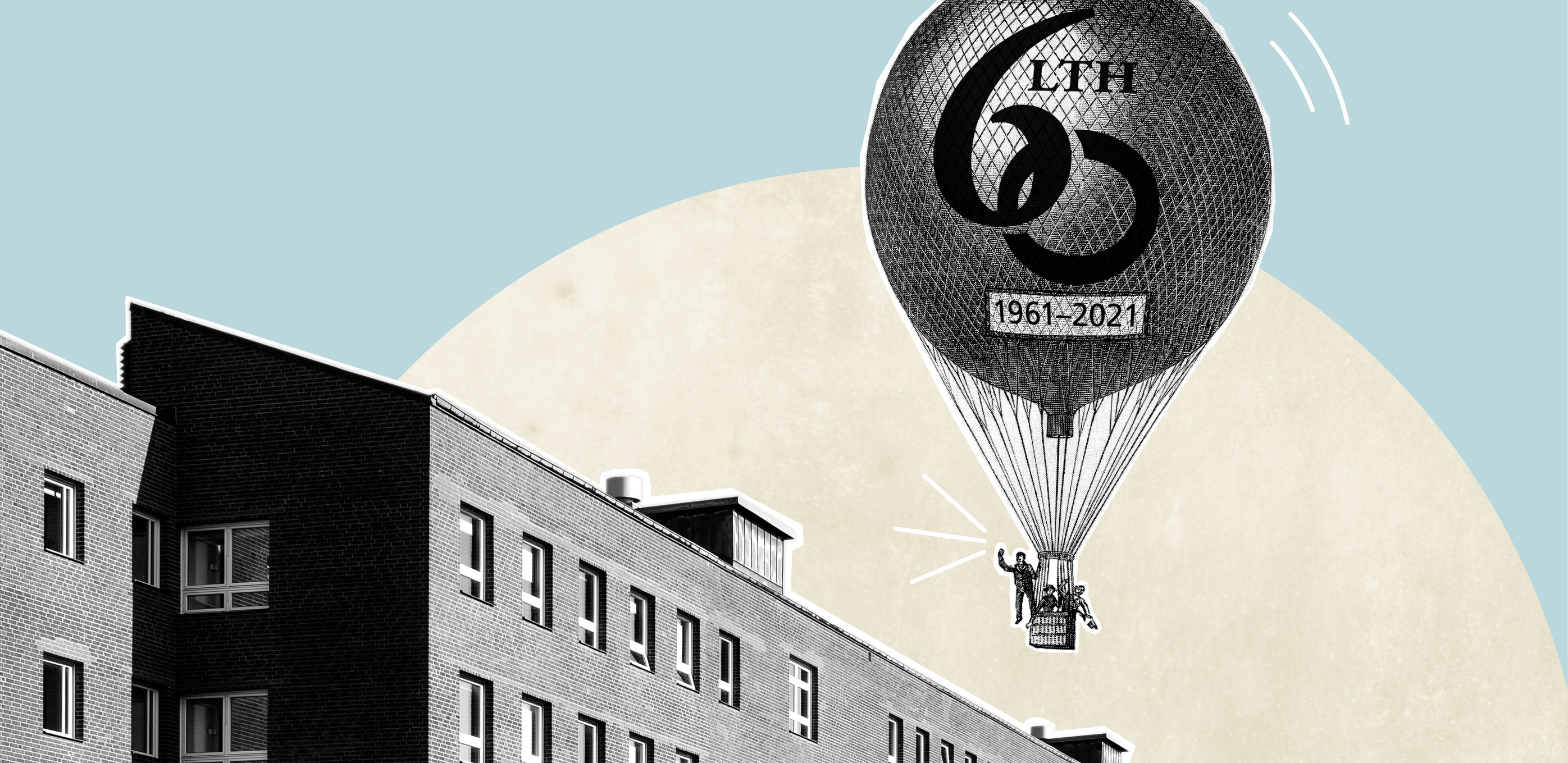 Air baloon with LTH 60 year logo flying over LTH campus. Drawing.