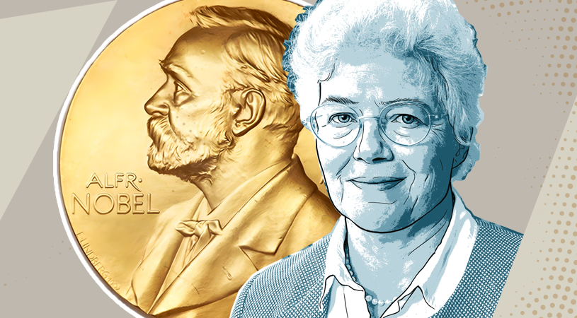 Porträtt av Nobelpristagaren och medalj.